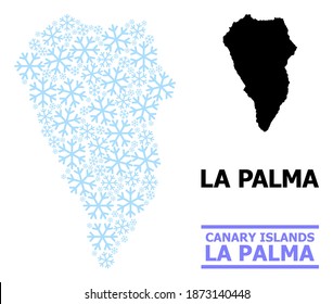 Vektormosaikkarte der Insel La Palma für Neujahr, Weihnachtsfeiern und Winter. Die Mosaikkarte der Insel La Palma ist mit hellblauen Schneegegenständen organisiert.