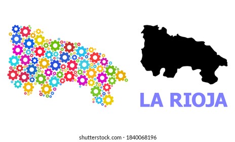 Vector mosaic map of La Rioja Spanish Province designed for engineering. Mosaic map of La Rioja Spanish Province is composed from randomized bright gear wheels.