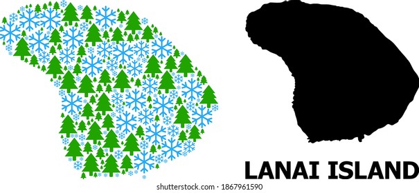 Vector mosaic map of Lanai Island created for New Year, Christmas, and winter. Mosaic map of Lanai Island is composed of snowflakes and fir trees.