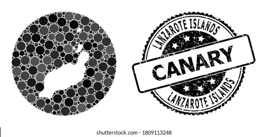 Vector mosaic map of Lanzarote Islands with circle spots, and grey grunge seal stamp. Subtraction circle map of Lanzarote Islands collage designed with circles in different sizes,