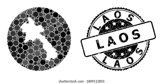 Vector mosaic map of Laos with round spots, and grey scratched seal. Hole circle map of Laos collage designed with circles in variable sizes, and dark grey color tinges.