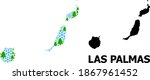 Vector mosaic map of Las Palmas Province constructed for New Year, Christmas, and winter. Mosaic map of Las Palmas Province is formed of snowflakes and fir forest.