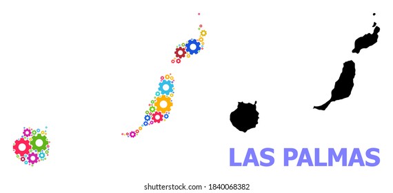 Vector mosaic map of Las Palmas Province created for services. Mosaic map of Las Palmas Province is made of scattered bright gears. Engineering items in bright colors.