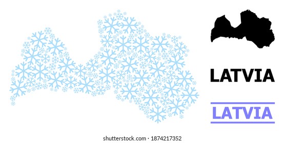 Vector mosaic map of Latvia organized for New Year, Christmas celebration, and winter. Mosaic map of Latvia is done of light blue snow parts. Design template for political and New Year projects.