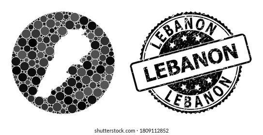 Mapa de mosaicos vectoriales del Líbano con manchas redondas y sello de goma gris. Mapa circular de esténcil del collage del Líbano creado con círculos de tamaños variables y tonos de color gris oscuro.