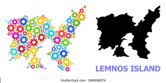 Vector mosaic map of Lemnos Island organized for workshops. Mosaic map of Lemnos Island is designed from randomized bright cogs. Engineering components in bright colors.