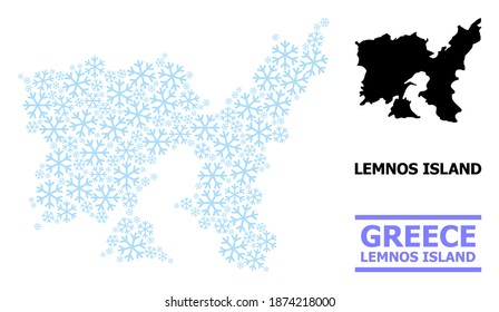Vector mosaic map of Lemnos Island organized for New Year, Christmas celebration, and winter. Mosaic map of Lemnos Island is done from light blue snowflakes.
