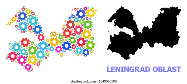 Vector mosaic map of Leningrad Region created for engineering. Mosaic map of Leningrad Region is done from scattered multi-colored wheels. Engineering items in bright colors.
