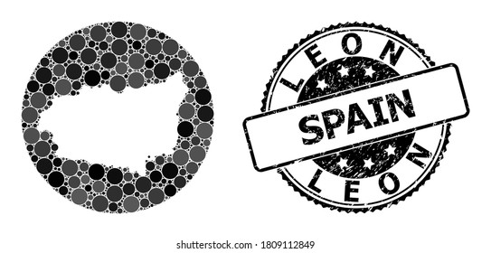 Mapa de mosaicos vectoriales de la provincia de León con puntos esféricos, y sello arañado gris. Mapa de círculo de esténcil del collage de la provincia de León compuesto por círculos de tamaños variables y tintes de color gris oscuro.