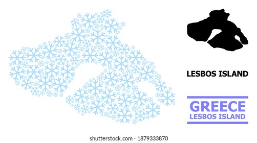 Vector mosaic map of Lesbos Island designed for New Year, Christmas celebration, and winter. Mosaic map of Lesbos Island is formed with light blue snow items.