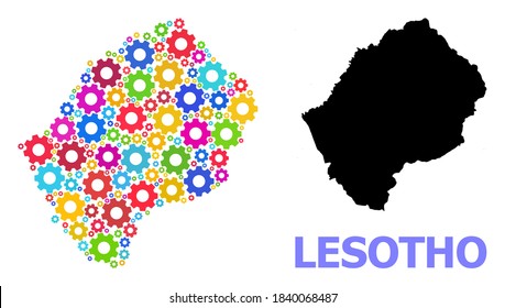 Vector mosaic map of Lesotho designed for mechanics. Mosaic map of Lesotho is created of random bright gear wheels. Engineering components in bright colors.