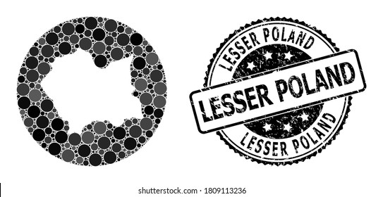 Vector mosaic map of Lesser Poland Province with circle items, and grey grunge stamp. Hole round map of Lesser Poland Province collage composed with circles in different sizes,