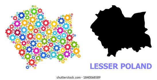 Vector mosaic map of Lesser Poland Province organized for engineering. Mosaic map of Lesser Poland Province is shaped of random colorful gear wheels. Engineering items in bright colors.