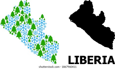 Vector mosaic map of Liberia designed for New Year, Christmas, and winter. Mosaic map of Liberia is designed of snow flakes and fir-trees.