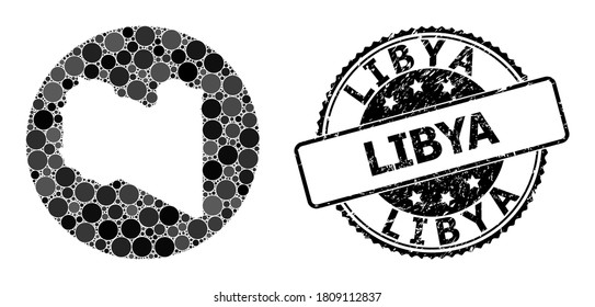 Vector mosaic map of Libya from round elements, and gray scratched seal stamp. Hole round map of Libya collage composed with circles in different sizes, and dark gray shades.