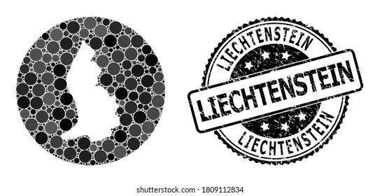 Vector mosaic map of Liechtenstein with spheric dots, and grey rubber seal stamp. Stencil round map of Liechtenstein collage designed with circles in various sizes, and dark grey color tones.