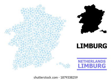Vector mosaic map of Limburg Province designed for New Year, Christmas celebration, and winter. Mosaic map of Limburg Province is created from light blue snowflakes.