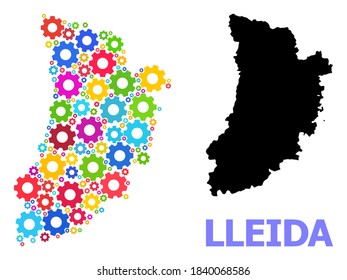 Mapa de mosaicos vectoriales de la provincia de Lleida organizado para mecánicos. El mapa mosaico de la provincia de Lleida está hecho de artes luminosas aleatorias. Artículos de ingeniería de colores vivos.