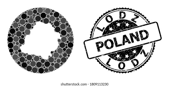 Vector mosaic map of Lodz Province with round items, and gray watermark seal stamp. Stencil round map of Lodz Province collage formed with circles in various sizes, and dark grey color tinges.