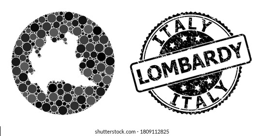 Vector mosaic map of Lombardy region of spheric spots, and grey rubber seal stamp. Stencil round map of Lombardy region collage designed with circles in various sizes, and dark grey color tones.