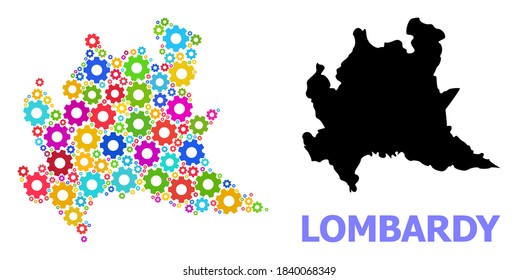Mapa de mosaicos vectoriales de la región de Lombardía diseñado para aplicaciones industriales. El mapa mosaico de la región de Lombardía está diseñado con ruedas coloridas dispersas. Artículos de ingeniería de colores vivos.
