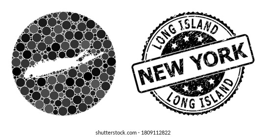 Vector mosaic map of Long Island with spheric items, and grey watermark stamp. Stencil round map of Long Island collage created with circles in different sizes, and dark grey color tinges.
