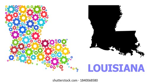 Vector mosaic map of Louisiana State designed for mechanics. Mosaic map of Louisiana State is done with random multi-colored wheels. Engineering components in bright colors.