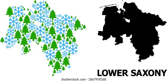 Vector mosaic map of Lower Saxony State organized for New Year, Christmas, and winter. Mosaic map of Lower Saxony State is created with snow flakes and fir-trees.