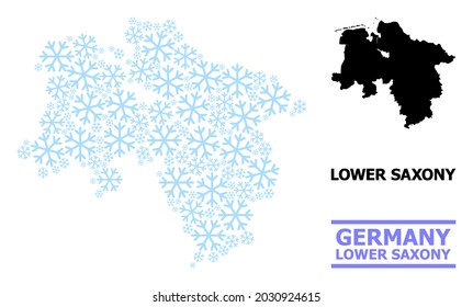 Vektormosaikkarte des Landes Niedersachsen für Neujahr, Weihnachtsfeiern und Winter. Die Mosaikkarte des Bundesstaates Niedersachsen ist aus hellblauen Schneegegenständen gebaut.