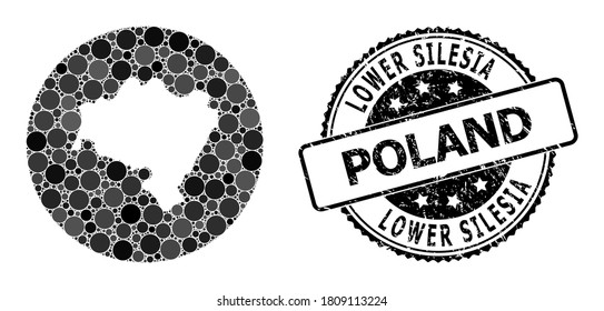 Vector mosaic map of Lower Silesia Province with round elements, and grey watermark seal. Subtraction circle map of Lower Silesia Province collage composed with circles in various sizes,