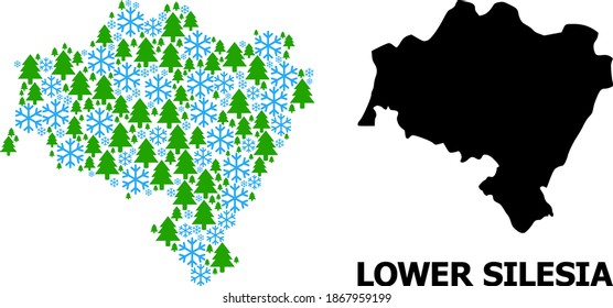 Vector mosaic map of Lower Silesia Province created for New Year, Christmas, and winter. Mosaic map of Lower Silesia Province is created from snow and fir forest.