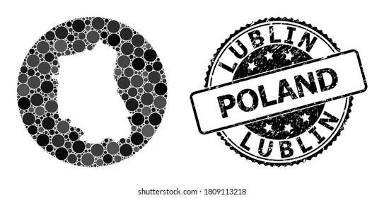 Mapa de mosaicos vectoriales de la provincia de Lublin con puntos circulares y foco de grunge gris. Mapa circular de esténcil del collage de la provincia de Lublin diseñado con círculos de diferentes tamaños y tintos de color gris oscuro.