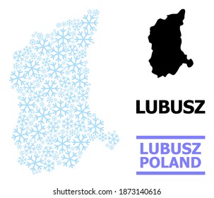 Mapa vectorial de mosaico de la provincia de Lubusz combinado para Año Nuevo, celebración de Navidad e invierno. El mapa mosaico de la provincia de Lubusz está hecho de elementos de nieve azul claro.