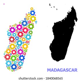 Vektor-Mosaik-Karte der Madagaskar-Insel für industrielle Anwendungen organisiert. Die Mosaikkarte der Madagaskar-Insel ist aus zufälligen, hellen Gängen. Ingenieurskomponenten in hellen Farben.