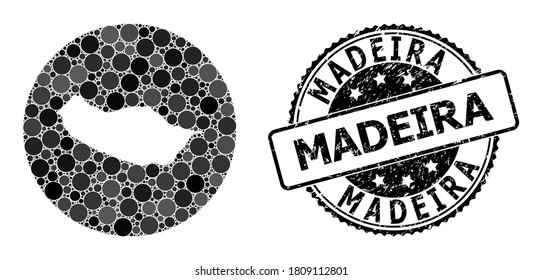 Vector mosaic map of Madeira Island of round blots, and grey grunge seal stamp. Stencil round map of Madeira Island collage formed with circles in different sizes, and dark grey color tinges.