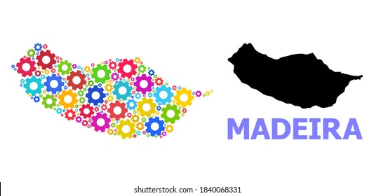 Vector mosaic map of Madeira Island done for services. Mosaic map of Madeira Island is constructed with randomized multi-colored wheels. Engineering items in bright colors.