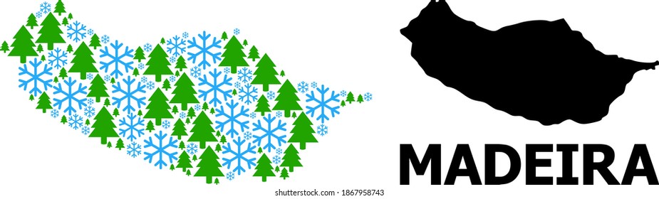 Vector mosaic map of Madeira Island done for New Year, Christmas, and winter. Mosaic map of Madeira Island is formed of snow and fir forest.