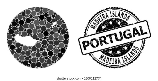 Vector mosaic map of Madeira Islands of spheric items, and grey scratched seal stamp. Stencil round map of Madeira Islands collage created with circles in different sizes, and dark grey color tones.