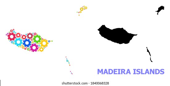 Vector mosaic map of Madeira Islands done for industrial apps. Mosaic map of Madeira Islands is shaped from randomized colored wheels. Engineering items in bright colors.