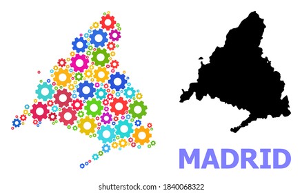 Mapa de mosaicos vectoriales de la provincia de Madrid organizado para talleres. El mapa mosaico de la provincia de Madrid está hecho con alfombras brillantes dispersas. Artículos de ingeniería de colores vivos.