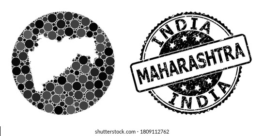 Vektor-Mosaik-Karte des Maharashtra-Staates aus Kreiselementen und graue Kratzstempel. Hole Circle Map von Maharashtra State Collage mit Kreise in verschiedenen Größen, und dunkelgraue Farbtöne.