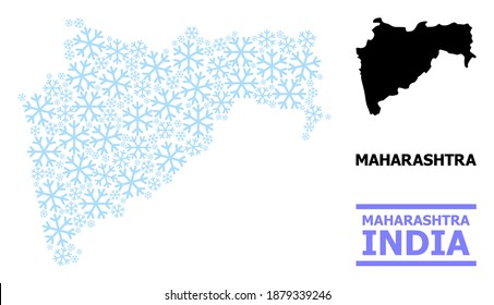 Vektormosaikkarte des Bundesstaates Maharashtra für Neujahr, Weihnachtsfeiern und Winter. Die Mosaikkarte des Bundesstaates Maharashtra ist aus hellblauen Schneesymbolen entworfen.