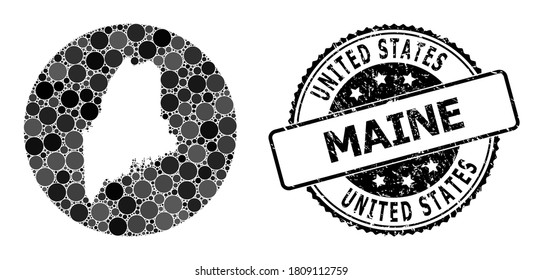 Vector mosaic map of Maine State from round elements, and gray rubber stamp. Stencil round map of Maine State collage composed with circles in different sizes, and dark gray color tints.