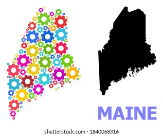 Vector mosaic map of Maine State designed for engineering. Mosaic map of Maine State is created with scattered bright gear wheels. Engineering components in bright colors.