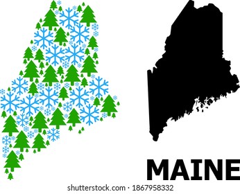 Vector mosaic map of Maine State organized for New Year, Christmas, and winter. Mosaic map of Maine State is created with snowflakes and fir-trees.