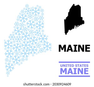Vektor-Mosaik-Karte des Maine-Staates für Neujahr, Weihnachtsfeiern und Winter geschaffen. Die Mosaikkarte des Bundesstaates Maine ist mit hellblauen Schneegegenständen organisiert.