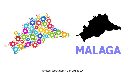 Vector mosaic map of Malaga Province created for industrial apps. Mosaic map of Malaga Province is done from scattered bright cogs. Engineering items in bright colors.