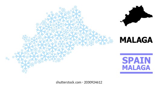 Vector mosaic map of Malaga Province organized for New Year, Christmas celebration, and winter. Mosaic map of Malaga Province is formed from light blue snow elements.