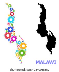 Vector mosaic map of Malawi constructed for industrial apps. Mosaic map of Malawi is composed with random bright cogs. Engineering components in bright colors.