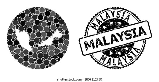 Vector mosaic map of Malaysia with spheric dots, and gray watermark seal. Subtraction round map of Malaysia collage composed with circles in variable sizes, and dark gray color tints.